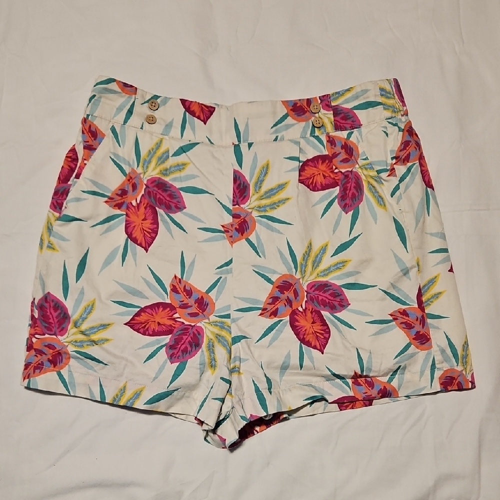 Pink and Green Bermuda Shorts with Tropical Floral Design